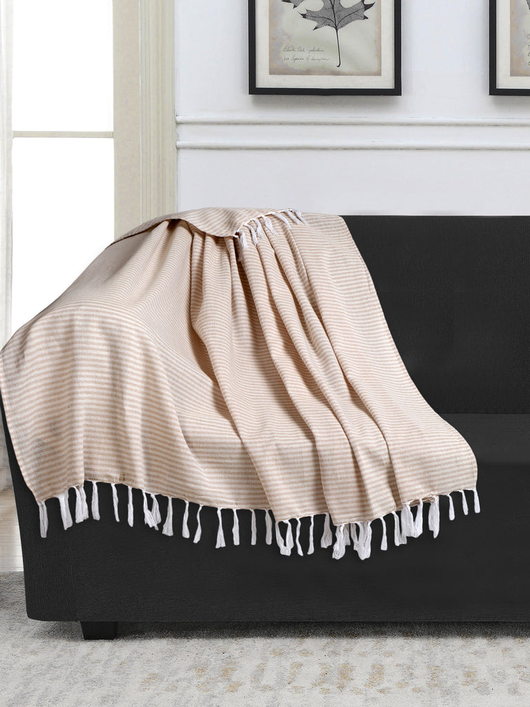 Stave Beige & White Striped Pattern Cotton Sofa Throw (190 x 170 cm)