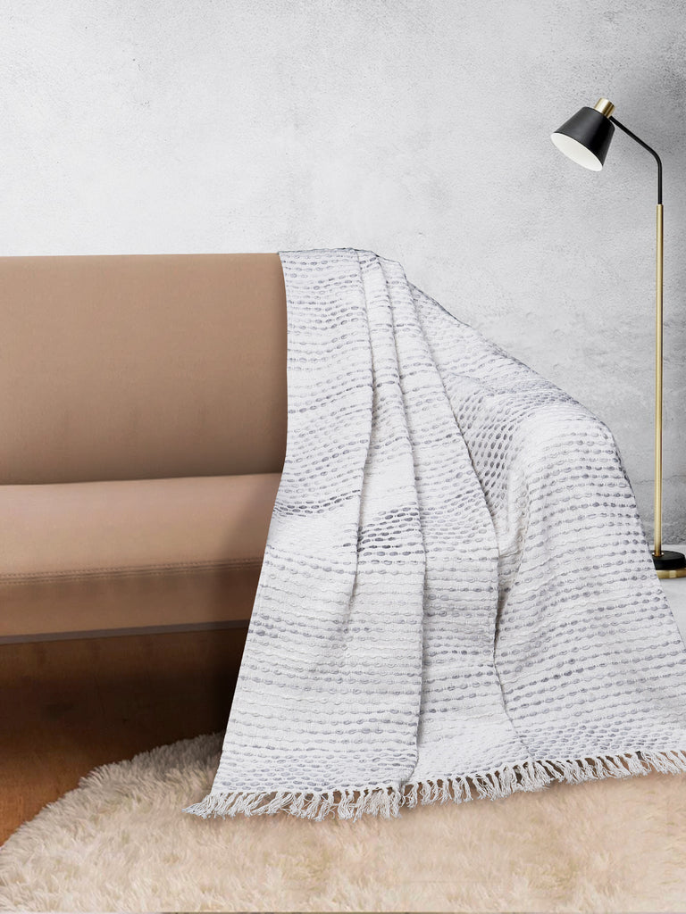 Off White & Grey Striped Cotton Acrylic Sofa Throw (140 x 180 cm)