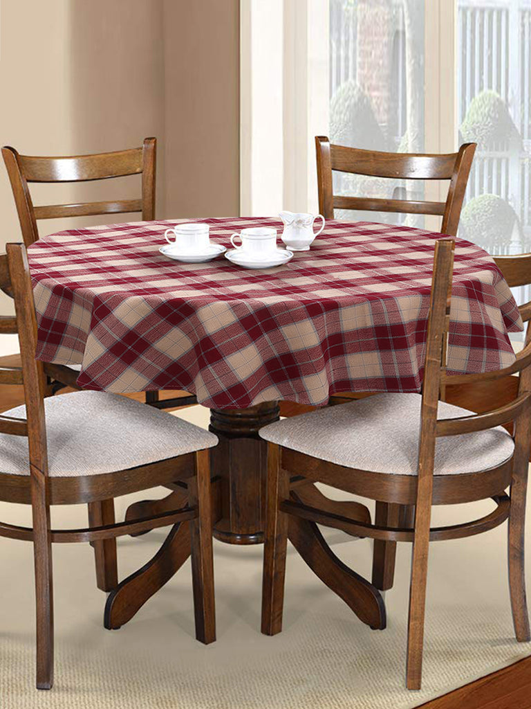 Maverick Beige & Maroon Cotton Checkered 6-Seater Round Table Cover (150 cm dia)