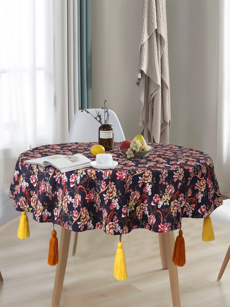 Chintz Navy & Multi Color Polycotton Floral Digital Printed 6 Seater Round Table Cover ( 150 cm dia)