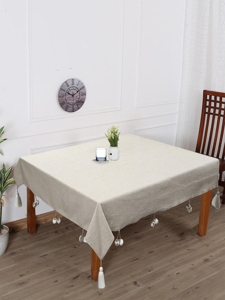 Natural & White Cotton Chambray Solid 4 Seater Square Table Cover with Pompoms (150x150cm)