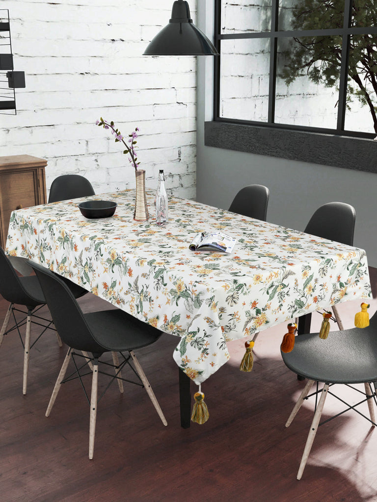 Chintz White & Multi Color Polycotton Floral Digital Printed 6 Seater Rectangle Table Cover ( 220 x 150 cm )