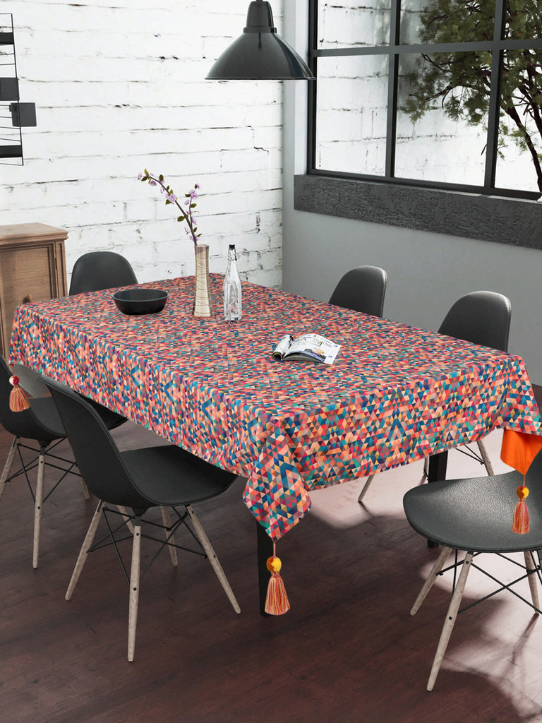 Chintz Orange & Multi Color Polycotton Geometric Digital Printed 6 Seater Rectangle Table Cover ( 220 x 150 cm )