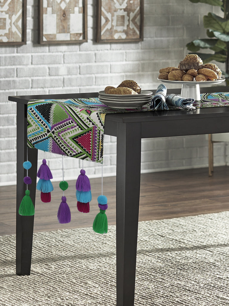 Tribal Green & Multi-Color Polycotton Jacquard Geometric 6 Seater Table Runner With Tassels (180x30cm)