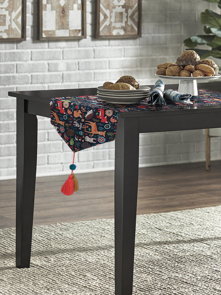 Vagabond Navy & Multi-color Polyester Quirky Printed 4 Seater Table Runner With Tassels (140x40cm)