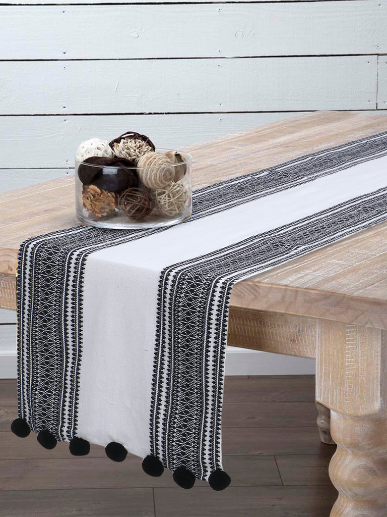 Deviant White & Black Polycotton Striped 8 Seater Table Runner With Pompoms (220x40cm)