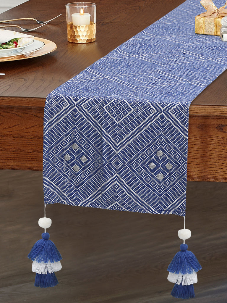 Indigo Blue & White Poly Cotton Geometric 6 Seater Table Runner With Tassels (180x40cm)