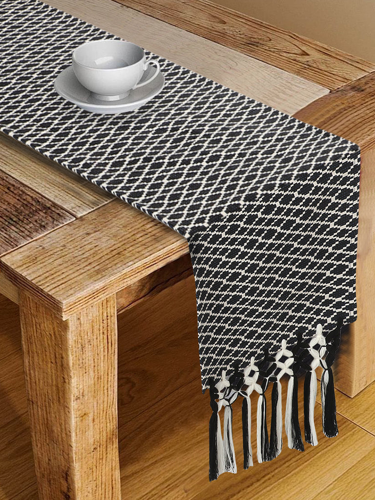 Acoustic Black & White Polycotton Jacquard 6 Seater Geometric Table Runner with Tassels (180x40 cm)