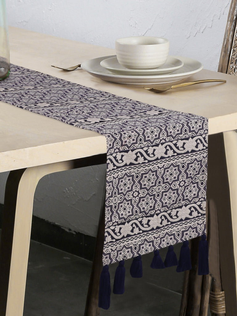 Tribal Natural & Navy Polycotton Jacquard & Lurex  6 Seater Ethnic Motifs Table Runner with Tassels (180x40 cm)