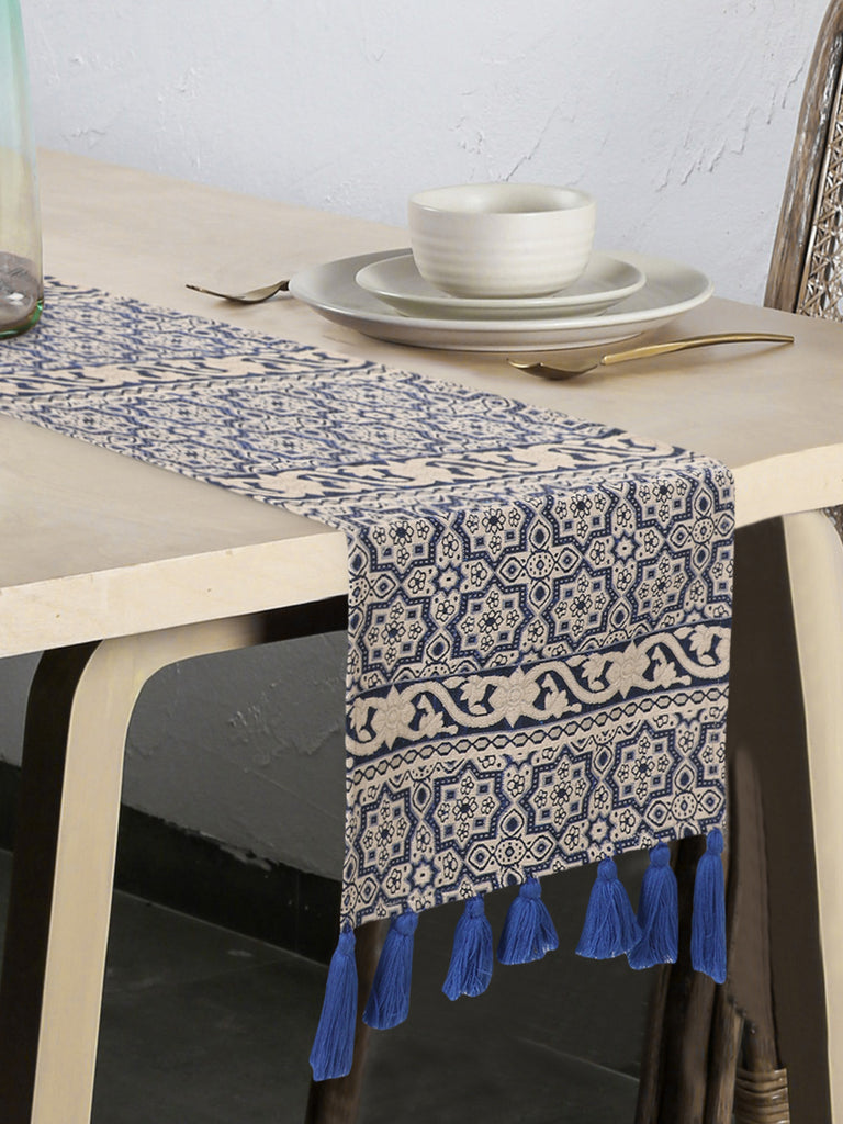 Tribal Natural & Royal Blue Polycotton Jacquard & Lurex  6 Seater Ethnic Motifs Table Runner with Tassels (180x40 cm)