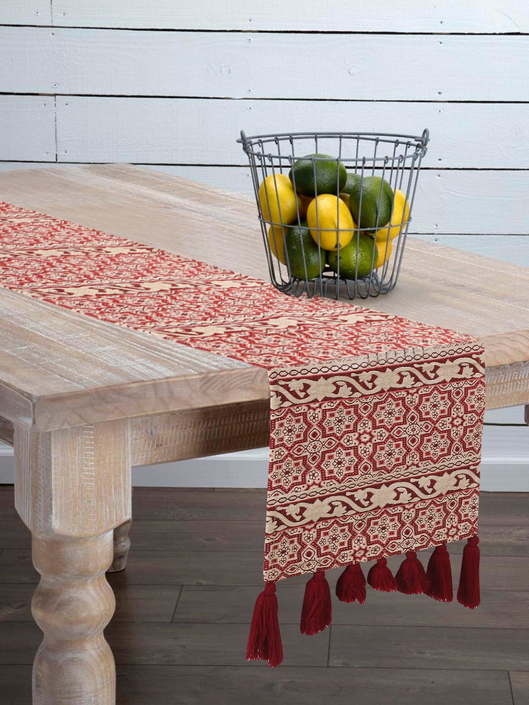 Tribal Natural & Red Polycotton Jacquard & Lurex 6 Seater Ethnic Motifs Table Runner with Tassels (180x40 cm)