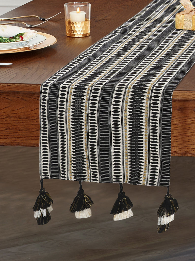 Dazzle Black, White & Gold Polycotton Jacquard & Lurex 6 Seater Geometric Table Runner with Tassels (180x40 cm)