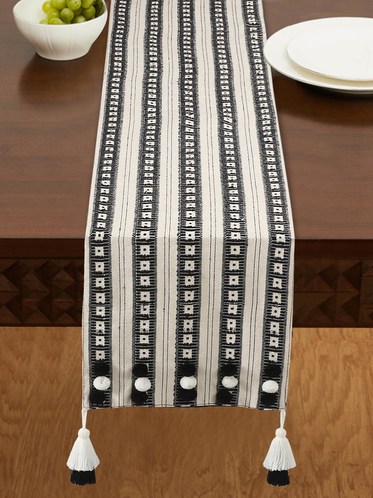 Deviant Black & White Polycotton Jacquard 6 Seater Geometric Table Runner with Tassels (180x30 cm)