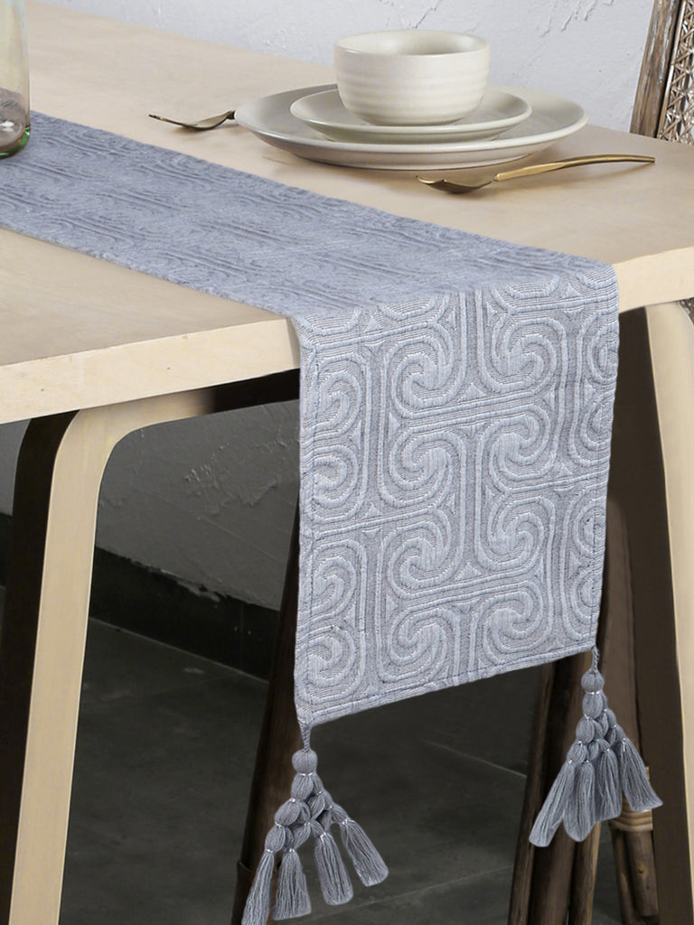 Deviant Grey & Natural Polycotton 6 Seater Ethnic Motifs Table Runner with Tassels (180x30 cm)