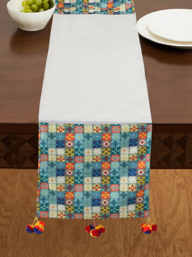 Vagabond Grey & Multi Polycotton Canvas 6 Seater Geometric Table Runner with Pompom (180x40 cm)