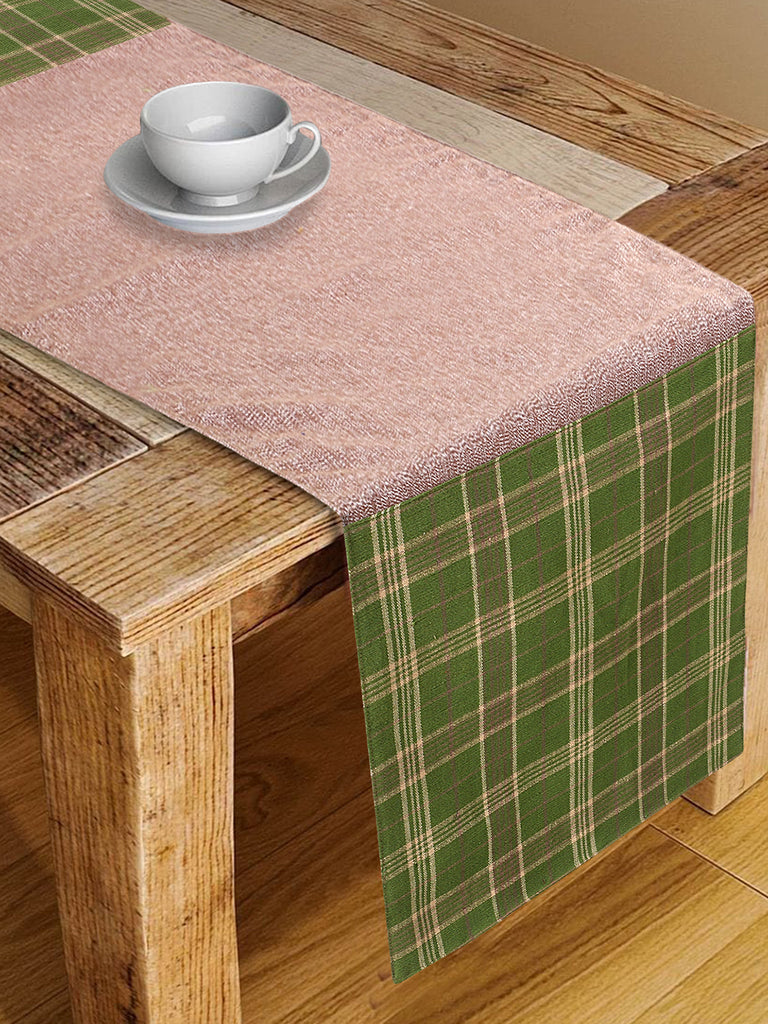 Maverick Green & Brown Polycotton Canvas 6 Seater Checked Table Runner with Textured (180x40 cm)