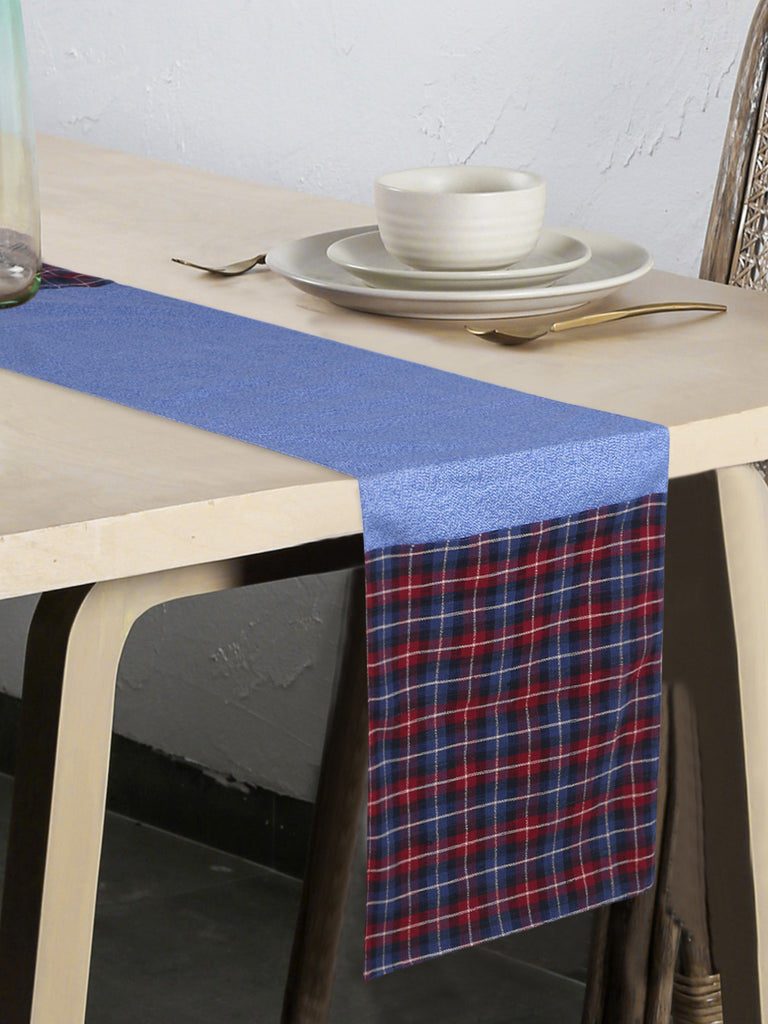 Maverick Red & Blue Polycotton Canvas 6 Seater Checked Table Runner with Textured (180x40 cm)