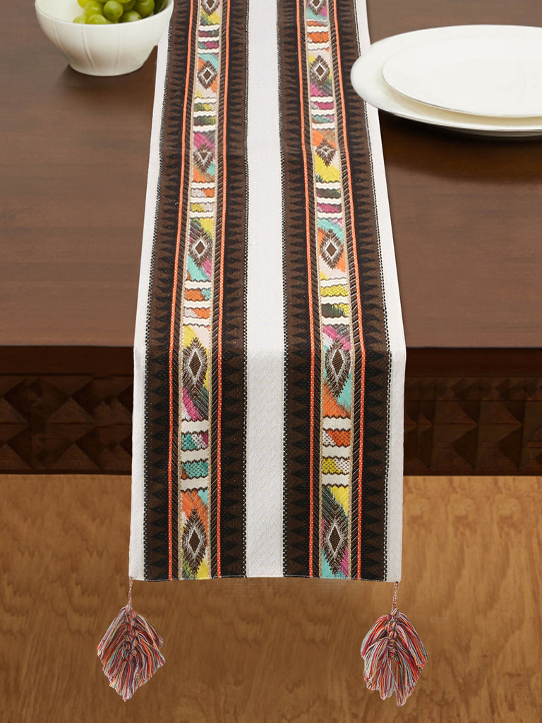 Tribal Natural & Multi Polycotton Jacquard 6 Seater Geometric Table Runner with Tassels  (180x40 cm)