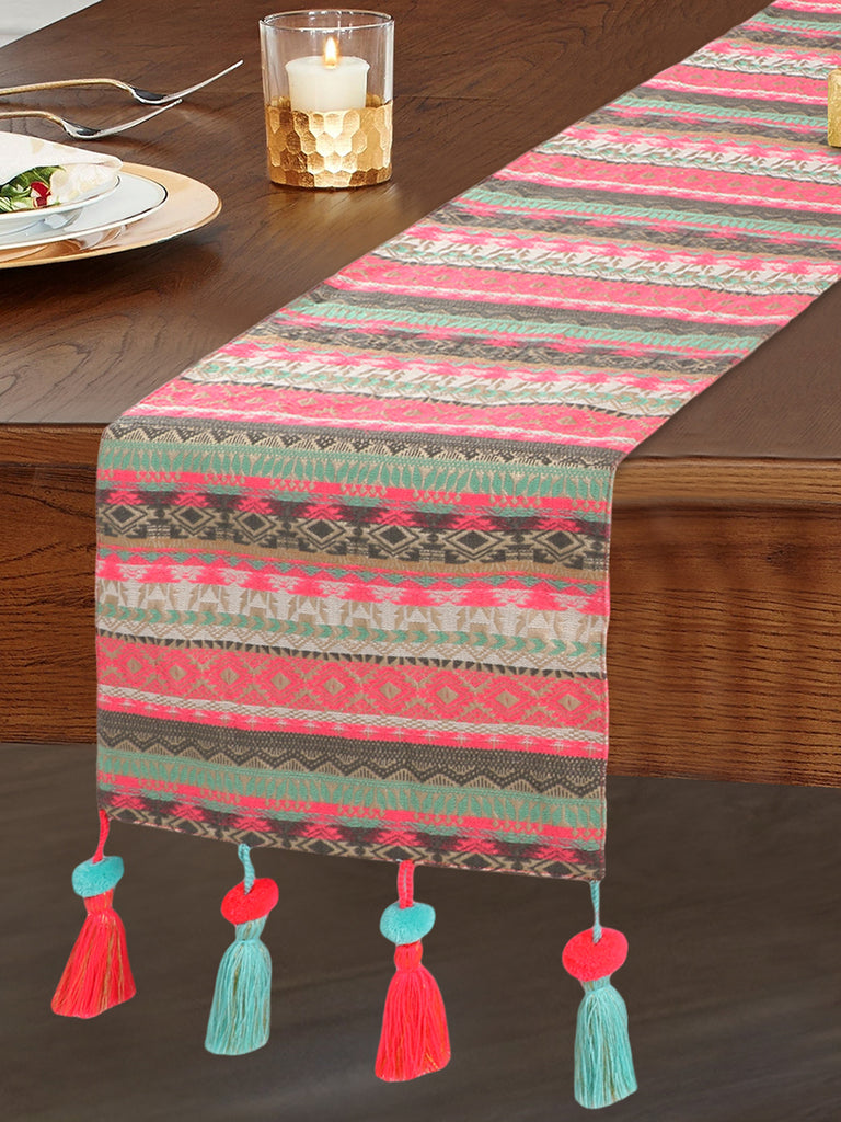 Dazzle Pink & Blue Polycotton Jacquard 6 Seater Geometric Table Runner with Tassels /Zari (180x40 cm)