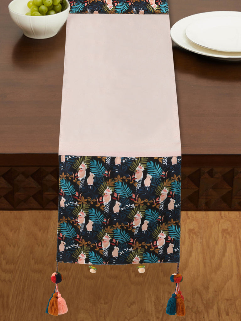 Vagabond Peach & Multi Polycotton Canvas 6 Seater Quirky Print Table Runner with Tassels (180x40 cm)