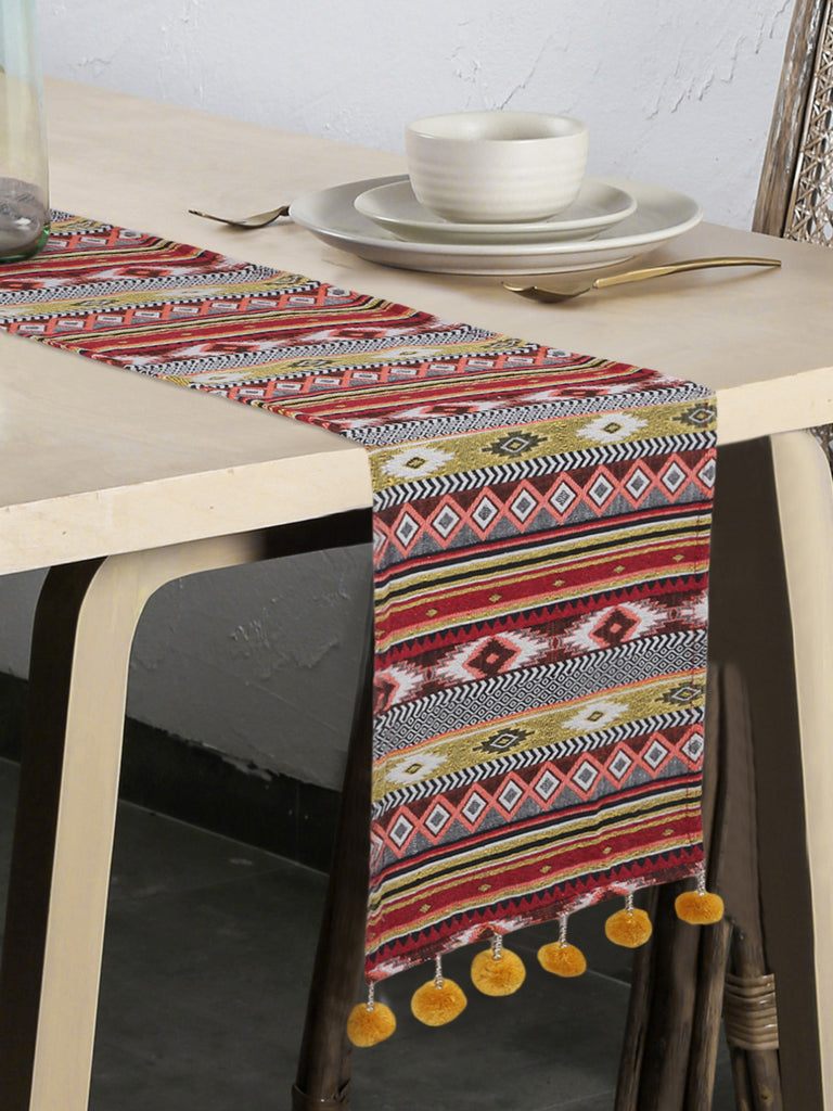 Tribal Mustard & Multi Cotton Jacquard 6 Seater Geometric Table Runner with Tassels (180x30 cm)