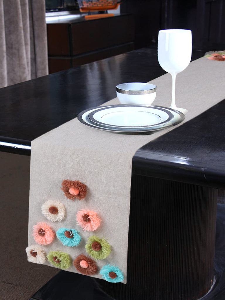 Rustic Beige & Multi Cotton  4 Seater Solid Table Runner with Pompom (150x30 cm)