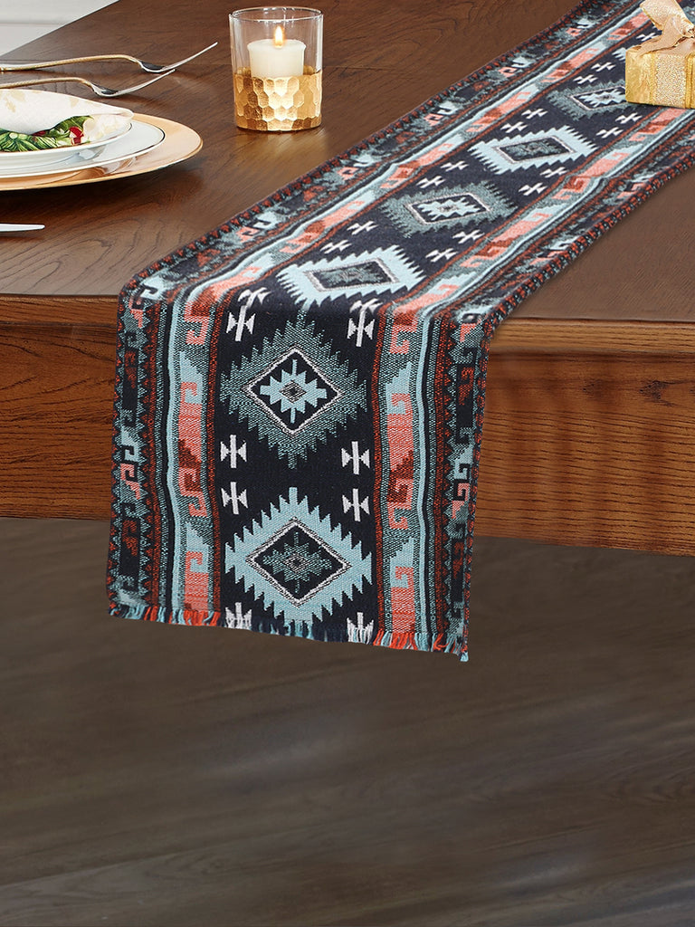 Tribal Blue & Multi Polycotton Jacquard 4 Seater Geometric Textured Table Runner (140x40 cm)