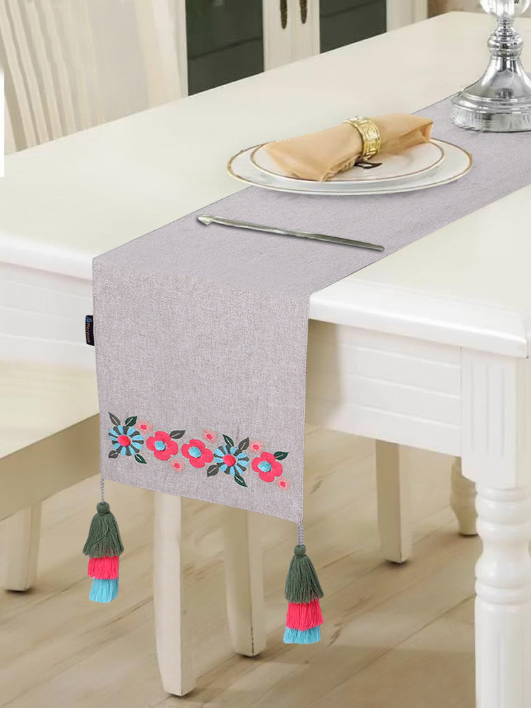 Rustic Beige & Pink Color Cotton Chambray Floral Embroidered Foliage design 6 Seater Table Runner with Tassels (180x30cm)