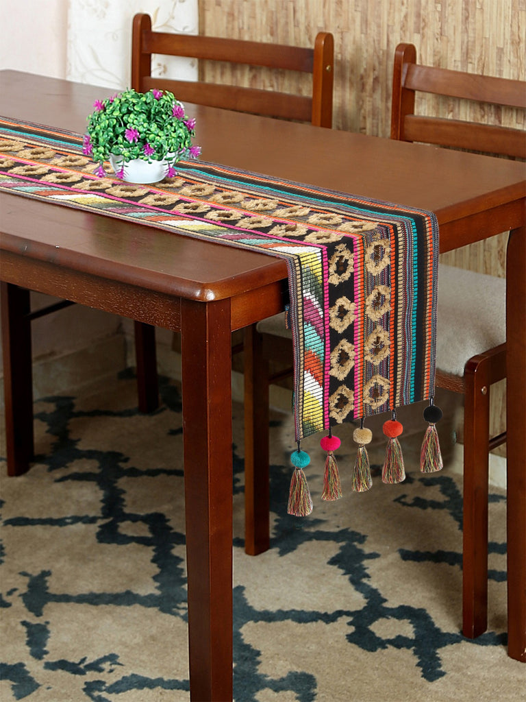 Brown & Multi Acrylic Jacquard 6 Seater Table Runner with Tassels (30x180cm)