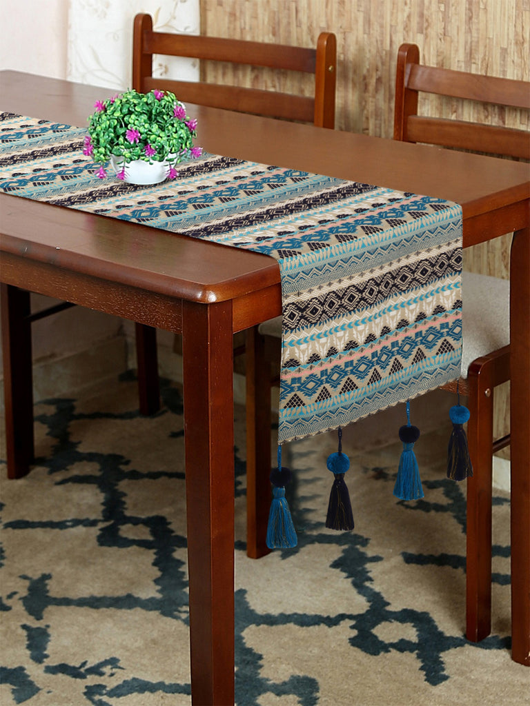 Turquoise & Multi AcrylicLurex Jacquard Geometric 6 Seater Table Runner with Tassels (40x180cm)