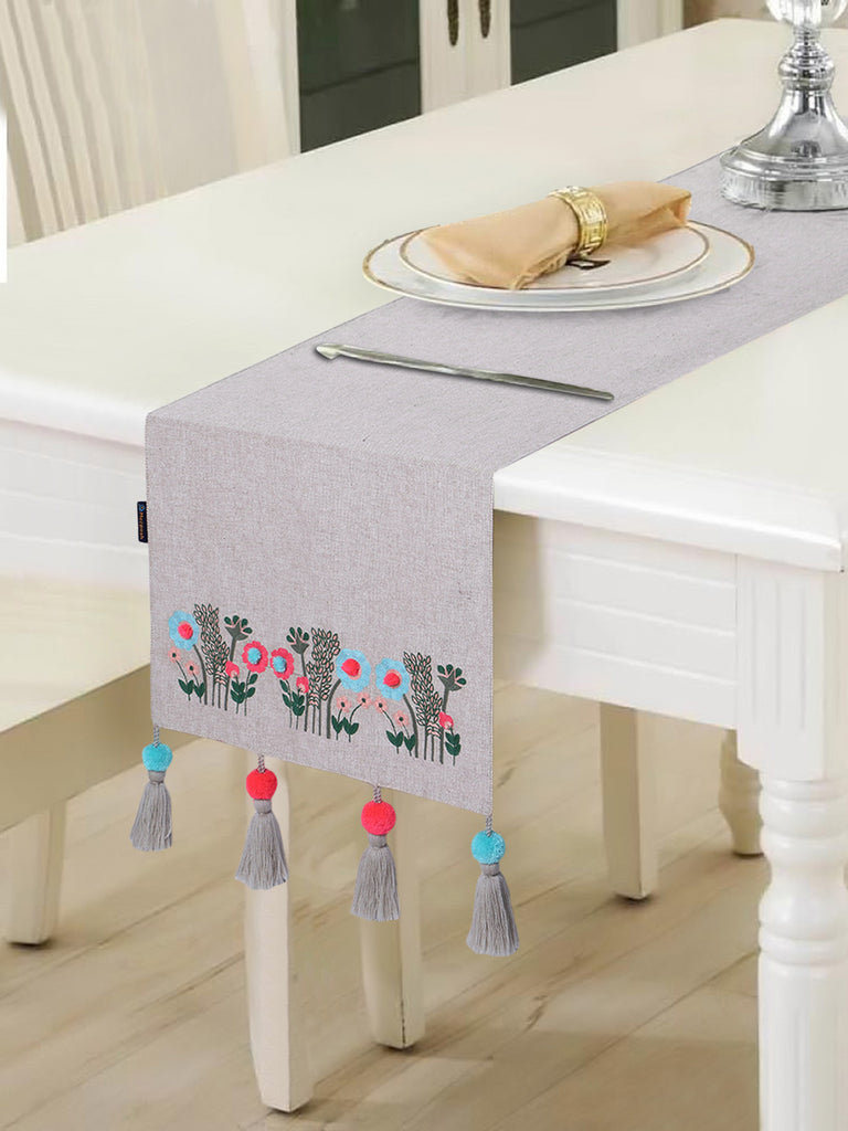 Rustic Beige & Multi Color Cotton Chambray Floral Embroidered Foliage design 6 Seater Table Runner with Tassels (180x40cm)