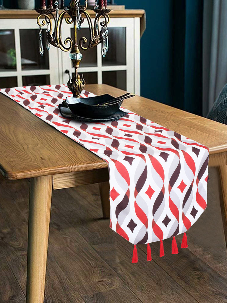 Chintz Red & Multi Color Polycotton Damask Digital Printed 6 Seater Table Runner with Tassels (180x40cm)