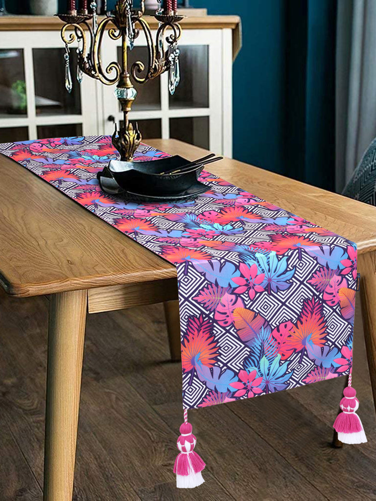 Chintz Pink & Multi Color Polycotton Botanical Digital Printed 6 Seater Table Runner with Tassels (180x40cm)