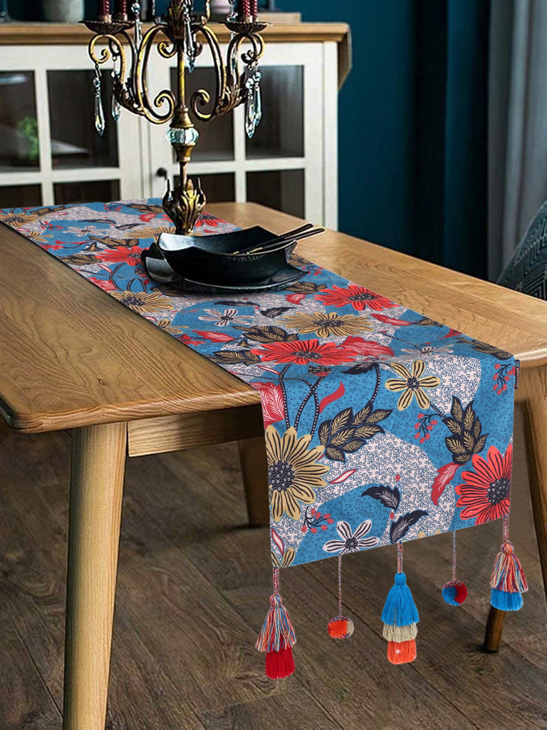 Chintz Indigo & Multi Color Polycotton Floral Digital Printed 6 Seater Table Runner with Tassels (180x40cm)