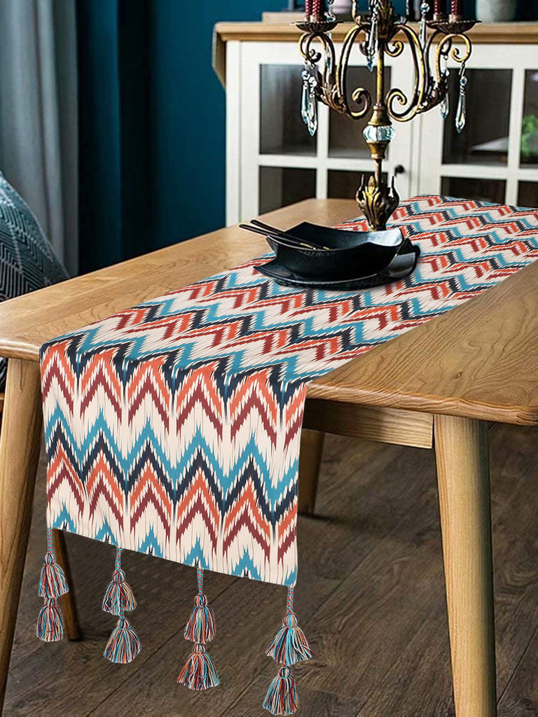 Chintz Beige & Multi Color Polycotton Chevron Digital Printed 6 Seater Table Runner with Tassels (180x40cm)