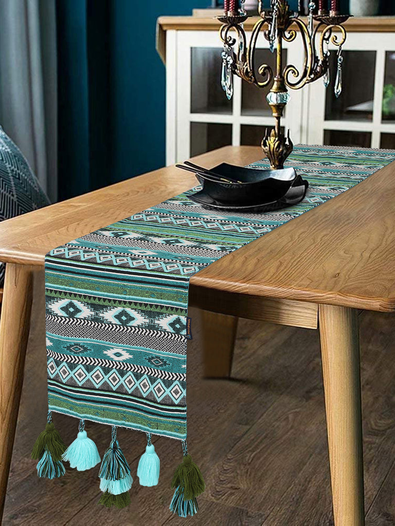 Tribal Turquoise & Multi Color Polycotton Ethnic Motifs Jacquard 6 Seater Table Runner with Tassels (180x30cm)