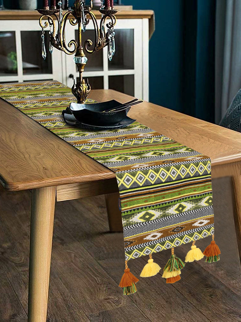 Tribal Brown & Multi Color Polycotton Ethnic Motifs Jacquard 6 Seater Table Runner with Tassels (180x30cm)