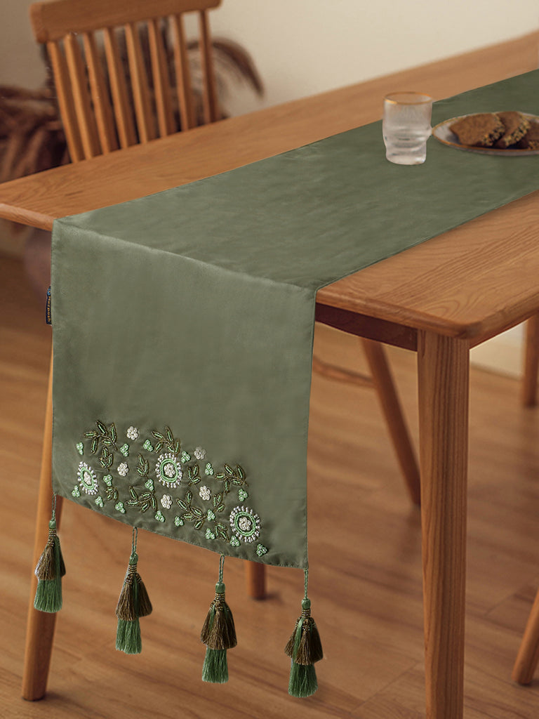 Dazzle Olive Green & Copper Floral Embellished Suede Table Runner (6 Seater)