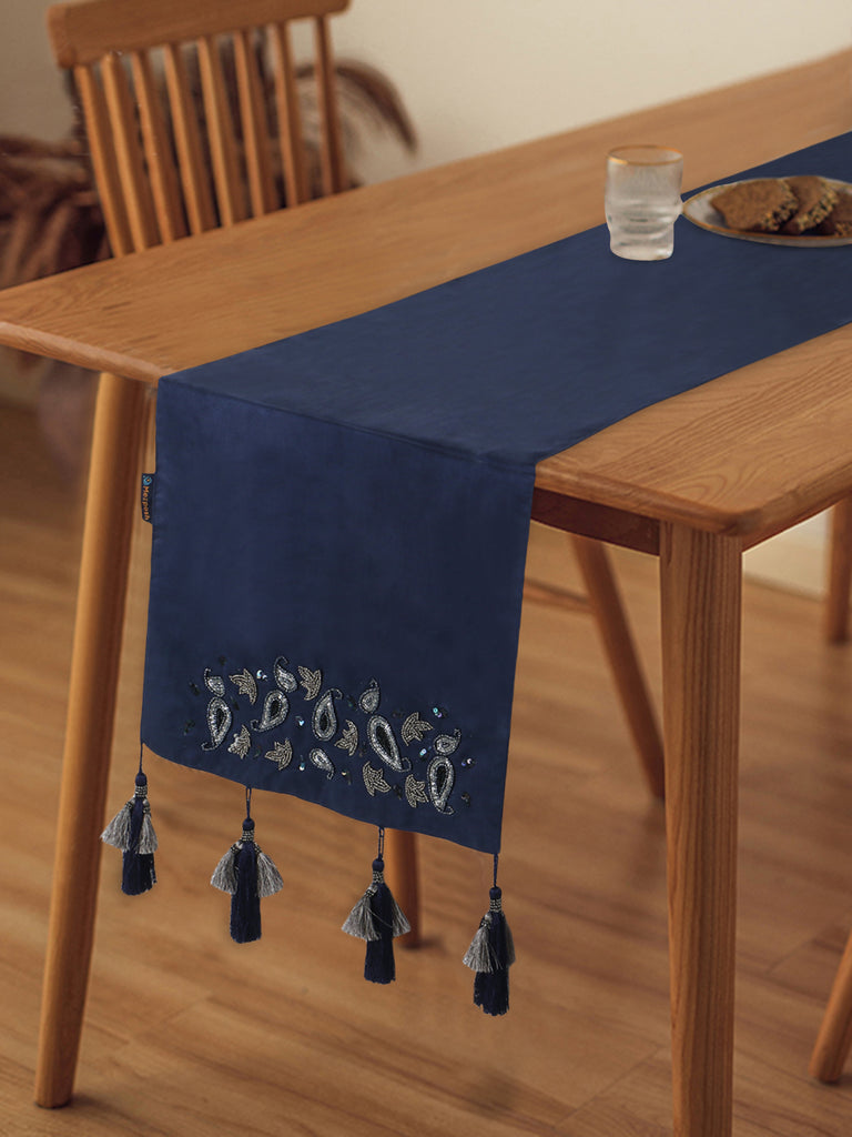 Dazzle Navy Blue & Silver Paisely Embellished Suede Table Runner (6 Seater)