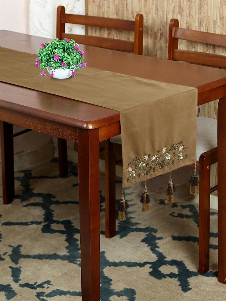 Dazzle Camel Brown & Copper Floral Embellished Suede Table Runner (6 Seater)