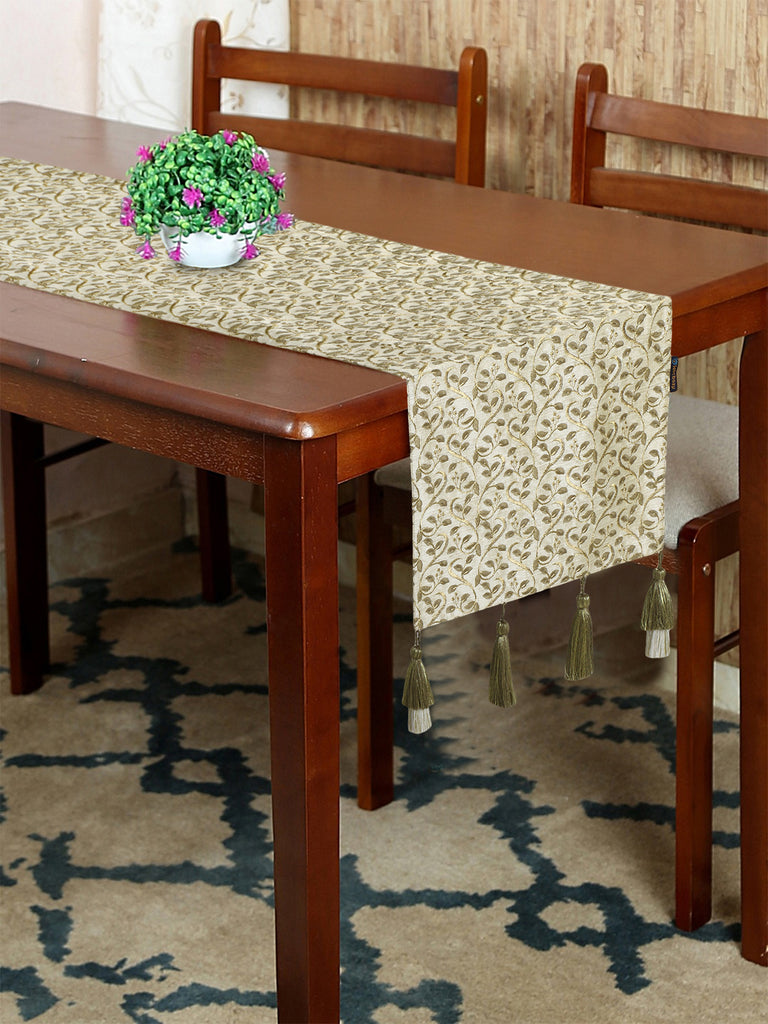 Dazzle Beige & Olive Floral Embroidered Faux Silk Table Runner (6 Seater)