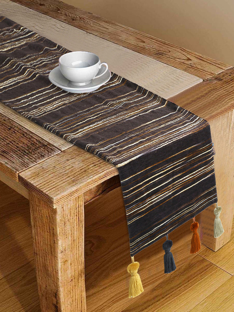 Stave Coffee Brown & Multi Striped Cotton Acrylic Table Runner (6 Seater)