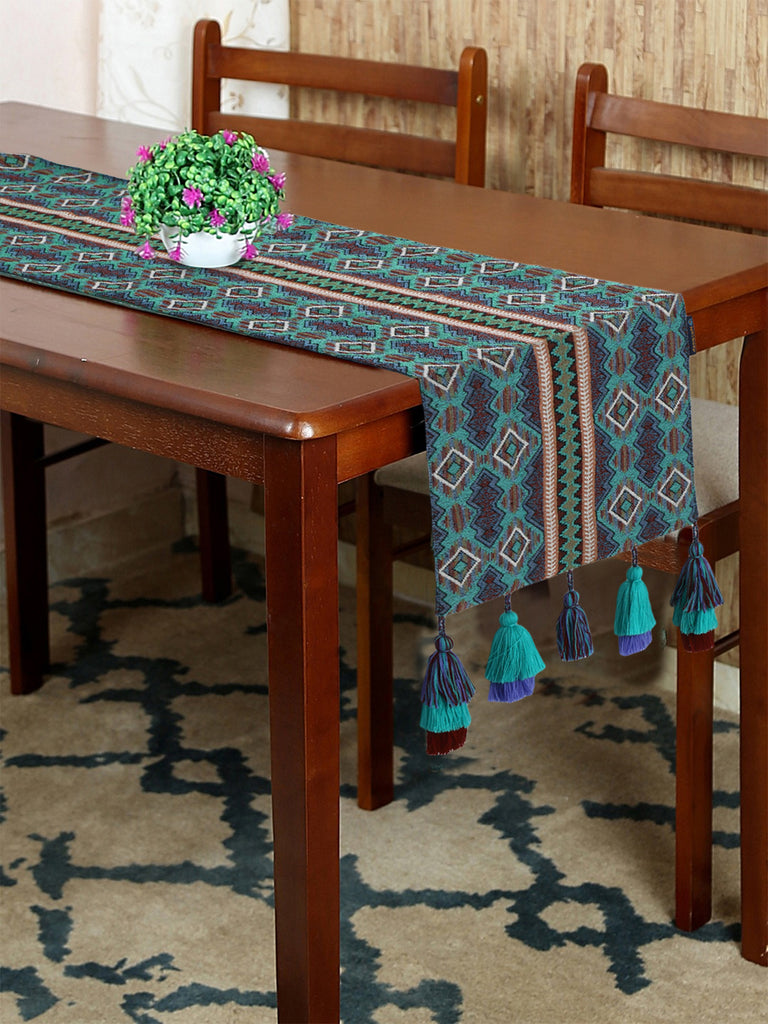 Tribal Sea Green & Multi Ethnic Motifs Cotton Acrylic Table Runner (4 Seater)