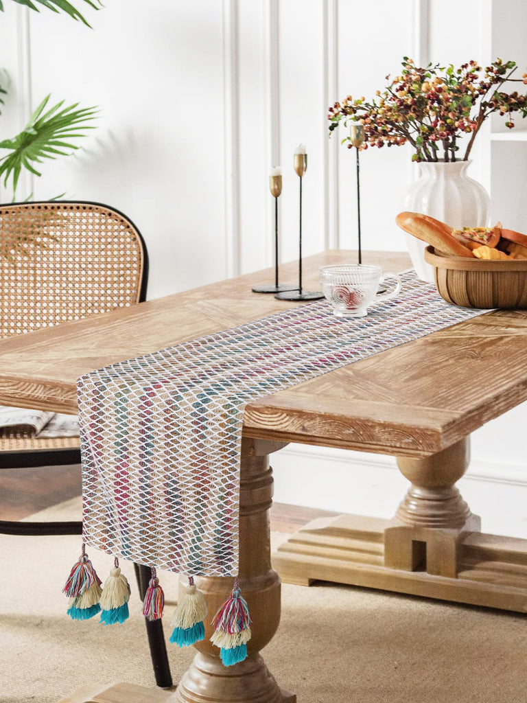 Tribal Beige & Multi Diamond Striped Polycotton Jacquard Table Runner (180x40 cm)