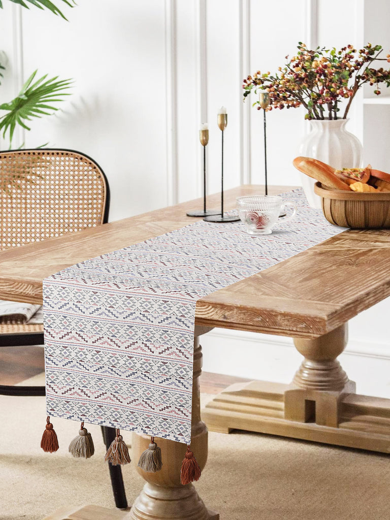 Tribal Off White & Multi Chevron Striped Polycotton Jacquard Table Runner (180x40 cm)